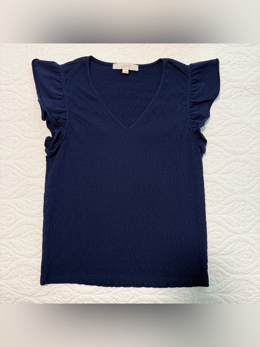 LOFT V-Neck Short Ruffle Sleeve Ruched Top Navy Blue L